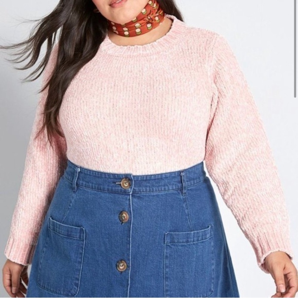 ModCloth On and Soft Again Chenille Sweater Light Baby Pink Crew Neck 1X